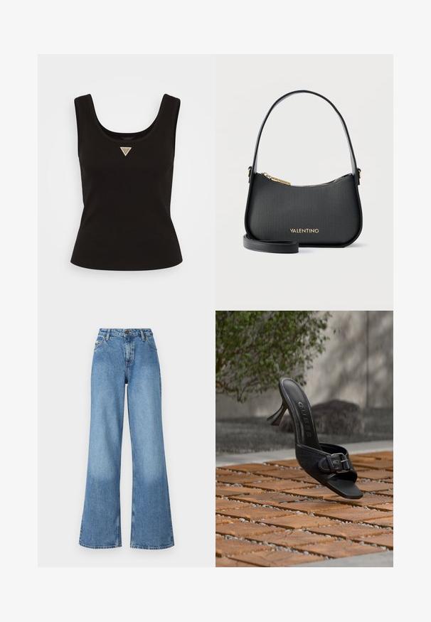 Débardeur noir côtelé avec un col rond et un petit logo en triangle argenté au centre devant. Design ajusté sans manches.; Jean en denim bleu taille haute à jambes larges, avec poches avant, passants de ceinture et fermeture à bouton et zip.; Mule noire à talon haut avec détail boucle, logo "GUESS" sur la semelle intérieure, flottant au-dessus d'un sol en dalles de bois en extérieur avec un arrière-plan végétal flou.; Sac à main Valentino noir texturé avec fermeture éclair et logo dorés, doté d'une courte bandoulière et d'une sangle plus longue amovible, sur fond blanc.