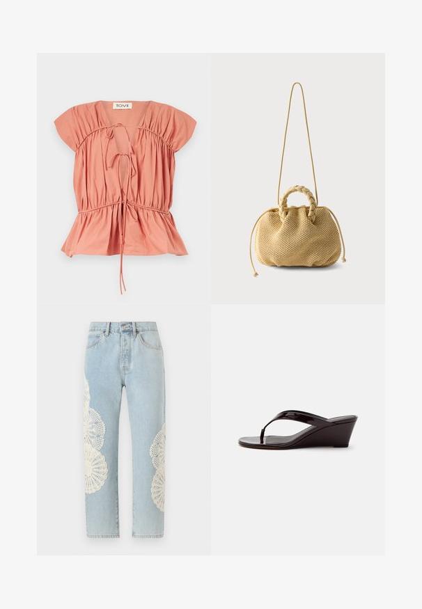 Haut en coton couleur pêche avec des détails froncés, manches courtes et taille cintrée. Dispose de liens ajustables au niveau du col et de l'ourlet.; FRAME THE VERTICAL - Jean droit - wisp; Sandale compensée en cuir verni marron avec bride entre les orteils et bout ouvert, vue de profil sur un fond uni.; Sac à main tissé beige avec poignées supérieures tressées, côtés à cordon de serrage et une longue bandoulière fine sur fond blanc uni.