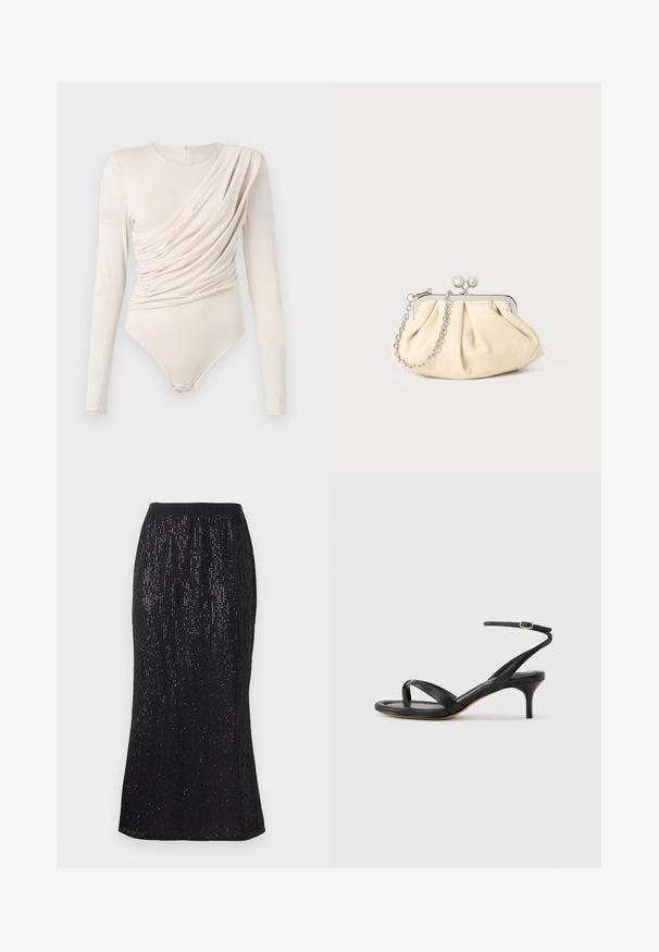 Beige langærmet bodysuit med draperet front, glat tekstur og trykknaplukning nederst. Elegant og tætsiddende design.; Sort nederdel med en tætsiddende talje, der har lodrette paljetter for et tekstureret udseende. Nederdelens kant buer let, hvilket skaber en strømlinet silhuet.; Sort damesandal i læder med tynde remme, en tå-loop, ankelspænde og en mellemhøj stiletthæl på en neutral baggrund.; Plisseret beige læderclutch med en sølvmetalramme, der har to runde dekorative låse og en sølvkædetrasporte.