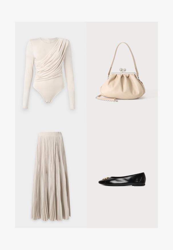 Beige langærmet bodysuit med draperet front, glat tekstur og trykknaplukning nederst. Elegant og tætsiddende design.; Lang beige plisseret nederdel med elastisk talje, flydende stof og fuld længde.; Sort flad sko i læder med spids snude og gyldent dekorativt emblem på ens hvid baggrund.; Beige blød læderhåndtaske med en sølv metalramme-lukning, enkelt skulderstrop og en valgfri kæderem på en hvid baggrund.