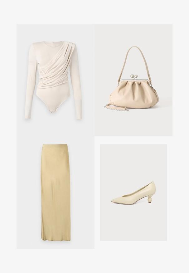 Beige langærmet bodysuit med draperet front, glat tekstur og trykknaplukning nederst. Elegant og tætsiddende design.; Beige, højtaljet, ankel-lang, lige nederdel med en glat tekstur uden synlige mønstre eller pynt.; Kremfarvet pump med spids tå og lav, unik pæreformet hæl på ensfarvet hvid baggrund.; Beige blød læderhåndtaske med en sølv metalramme-lukning, enkelt skulderstrop og en valgfri kæderem på en hvid baggrund.