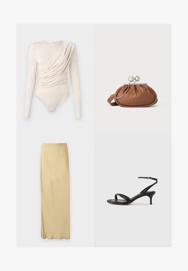 Beige langærmet bodysuit med draperet front, glat tekstur og trykknaplukning nederst. Elegant og tætsiddende design.; Beige, højtaljet, ankel-lang, lige nederdel med en glat tekstur uden synlige mønstre eller pynt.; Sort damesandal i læder med tynde remme, en tå-loop, ankelspænde og en mellemhøj stiletthæl på en neutral baggrund.; Brun læder clutch-pung med sølv kugleklap og en lille sølv kædedetalje på en hvid baggrund.