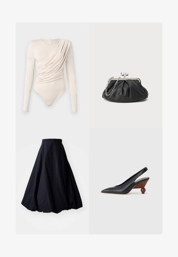 Body beige à manches longues avec devant drapé, texture lisse et fermeture à pression au bas. Design élégant et ajusté.; By Malene Birger AUBREY - Jupe longue - black; Chaussure à bout pointu noire avec bride arrière, talon bloc arrondi en bois et dessus en cuir lisse sur fond gris clair.; Porte-monnaie en cuir noir avec texture froncée, cadre en métal argenté, fermeture à verrouillage kiss-lock et bandoulière en chaîne. Surface lisse et douce.