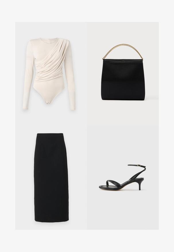 Beige langemouwige bodysuit met gedrapeerde voorkant, zachte textuur en drukknoopsluiting onderaan. Elegante en aansluitende ontwerp.; Zwarte midi-rok, op maat gemaakt ontwerp, gestructureerde stof, rechte vorm, met een gladde textuur en subtiele plooien aan de voorkant.; Zwarte leren dames sandaal met dunne bandjes, een teengreep, een enkelgesp en een stilettohak van gemiddelde hoogte op een neutrale achtergrond.; Zwarte tas van gladde stof met een gestructureerde vorm, een handvat van gouden ketting en een minimalistisch geometrisch ontwerp.