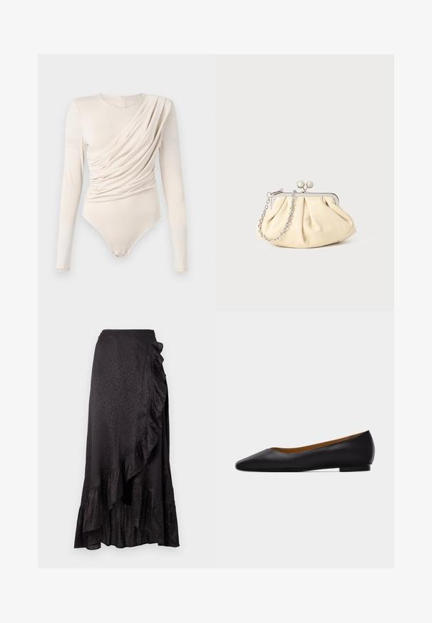 Beige langærmet bodysuit med draperet front, glat tekstur og trykknaplukning nederst. Elegant og tætsiddende design.; Sort satin nederdel med en ruffled kant og sidelægnedetaljer. Tekstureret leopardmønster tilføjer visuel interesse. Lang, luftig silhuet.; Sort læder flad sko med spids tå, lav hæl og glat finish, vist fra siden på en lysegrå baggrund.; Plisseret beige læderclutch med en sølvmetalramme, der har to runde dekorative låse og en sølvkædetrasporte.