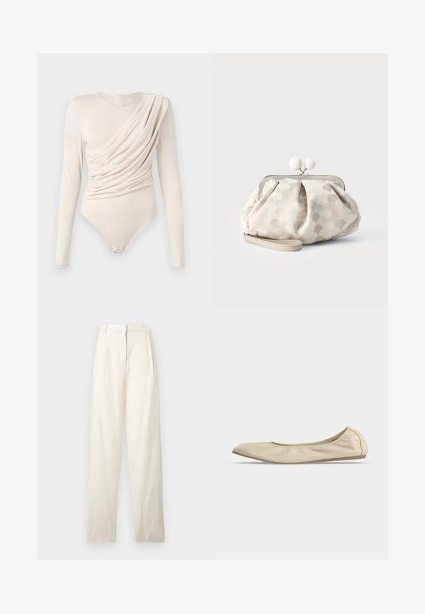 Body beige à manches longues avec devant drapé, texture lisse et fermeture à pression au bas. Design élégant et ajusté.; Pantalon en lin couleur crème taille haute, coupe jambes larges et fermeture avant cachée, présenté sur un fond clair.; Ballerine beige en cuir souple avec bout arrondi, profil latéral bas et semelle fine en caoutchouc sur fond blanc uni.; Petit sac pochette beige avec tissu texturé à pois, cadre argenté, fermoir rond blanc et bracelet de poignet amovible sur fond uni.