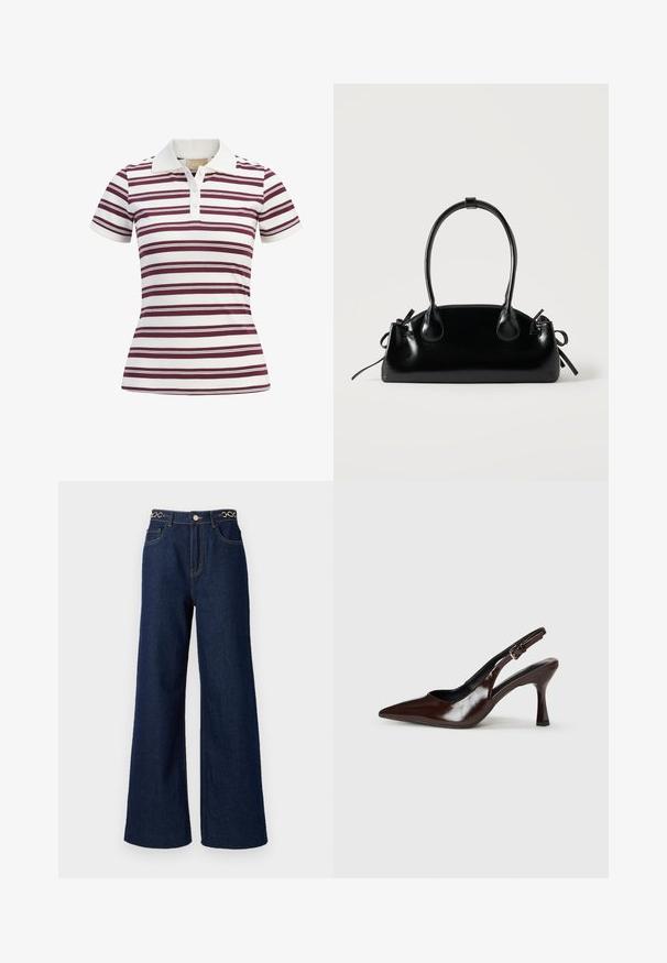 Polo de manga corta con rayas horizontales en color burdeos y blanco, hecho de tejido suave, con un cuello clásico y tapeta de tres botones.; Los pantalones vaqueros de pierna ancha de denim azul oscuro cuentan con una cintura alta, acentos de cadena dorada en la pretina y detalles de costura en contraste a lo largo de la prenda.; Zapatos de tacón slingback de charol marrón con punta afilada, tacón delgado y correa ajustable con una pequeña hebilla.; Pequeño bolso negro brillante con dos asas largas y detalles de cordón lateral sobre un fondo claro liso.