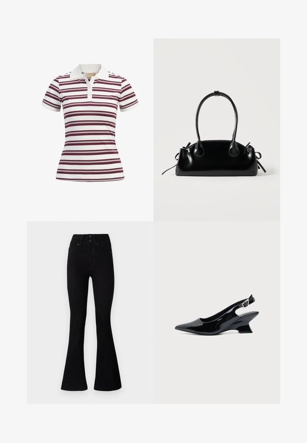 Lühikeste varrukatega polo särk, millel on horisontaalsed kastanipruunid ja valged triibud, valmistatud pehmest kangast, klassikalise krae ja kolme nööbiga. ; Pepe Jeans FLARE CONTOUR - Alt laienevad teksad - black denim; Mustast lakknahast slingback king, millel on terav nina ja madal kalle plokktald, ühtlase heleda taustaga.; Väike must läikiv käekott kahe pika sangaga ja külgedel paelakinnitustega, ühel lihtsal helel taustal.