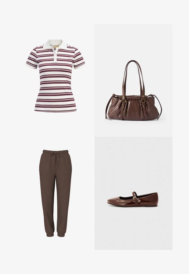Kurzärmliges Poloshirt mit horizontalen maroonen und weißen Streifen, aus weichem Stoff mit klassischem Kragen und einer Drei-Knopf-Leiste.; Braune Jogginghose mit elastischem Bund, Kordelzug und elastischen Bündchen, von vorn auf weißem Hintergrund dargestellt.; Braune Lackleder-Ballerinas mit quadratischer Zehenform und Riemen mit einer kleinen goldenen Schnalle. Glatte Textur, niedriger Absatz und minimalistisches Design.; Braune Lederhandtasche mit zwei langen Griffen, gerafftem Design, goldfarbene Hardware-Details und einer strukturierten Oberfläche.