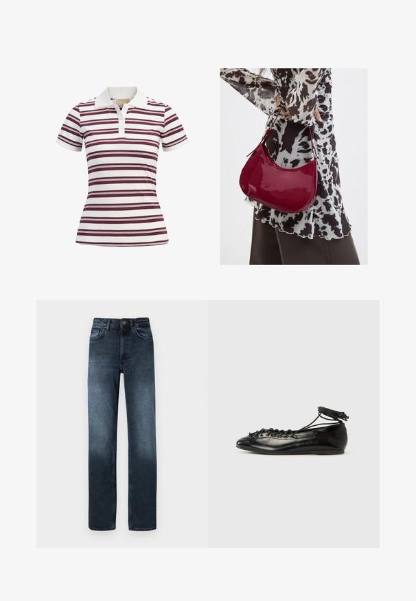 Kurzärmliges Poloshirt mit horizontalen maroonen und weißen Streifen, aus weichem Stoff mit klassischem Kragen und einer Drei-Knopf-Leiste.; Dunkelblaue Jeans aus Denim mit geradem Beinschnitt, fünf Taschen und einem Frontknopfverschluss. Mit Farbverlaufdetails nahe dem Saum.; Schwarze Ballerinas aus Lackleder mit runder Spitze, Schnürdesign und flacher Sohle. Glatte Textur mit minimaler Verzierung.; Frau trägt eine schwarz-weiß gemusterte Bluse und hält eine glänzende rote Schultertasche vor einem einfarbigen Hintergrund.