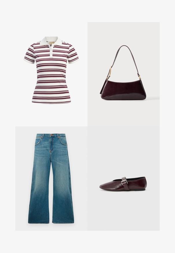 Kurzärmliges Poloshirt mit horizontalen maroonen und weißen Streifen, aus weichem Stoff mit klassischem Kragen und einer Drei-Knopf-Leiste.; Hochtaillierte blaue Jeans aus Denim mit weitem Bein, frontalen Taschen, Knopfverschluss und einem verblassten Farbverlauf von der Taille bis zum Saum.; Burgunderfarbene Leder-Ballettschuhe mit spitzem Schuhkopf, flacher Sohle und einem dekorativen Schnallenriemen quer über dem Spann. Glatte, glänzende Textur.; Dunkelbraune glänzende Ledertasche mit einem einzelnen Schulterriemen und goldfarbenen Metallakzenten vor einfarbigem Hintergrund.