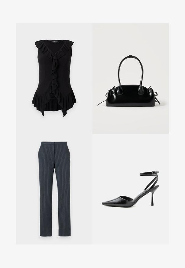 Blouse noire ajustée sans manches avec col en V, bordure à volants le long de l'encolure, sur le devant et à l'ourlet, avec l'étiquette "Anna Field" à l'intérieur du col.; Pantalon bleu foncé avec des rayures verticales, design ajusté, texture lisse, jambes droites et taille standard.; Escarpin noir à bout pointu avec fines brides de cheville et fermeture à boucle argentée sur fond clair uni.; Petit sac à main noir brillant avec deux longues anses et des détails à cordon sur les côtés sur un fond clair uni.