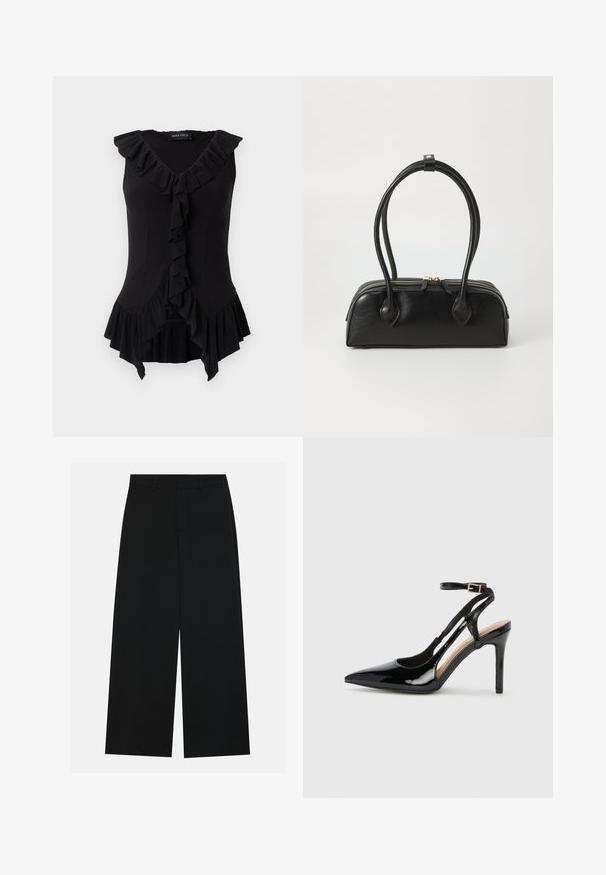 Blouse noire ajustée sans manches avec col en V, bordure à volants le long de l'encolure, sur le devant et à l'ourlet, avec l'étiquette "Anna Field" à l'intérieur du col.; Pantalons noirs à jambe large en tissu lisse. Dotés d'une taille plate avec passants de ceinture et sans poches visibles. Design simple.; Escarpin en cuir verni noir à talon haut, avec un bout pointu, une bride réglable à la cheville et des côtés ouverts. Texture lisse.; Sac à main en cuir noir avec deux anses allongées, fermeture éclair et forme arrondie ; texture lisse avec une finition légèrement brillante.