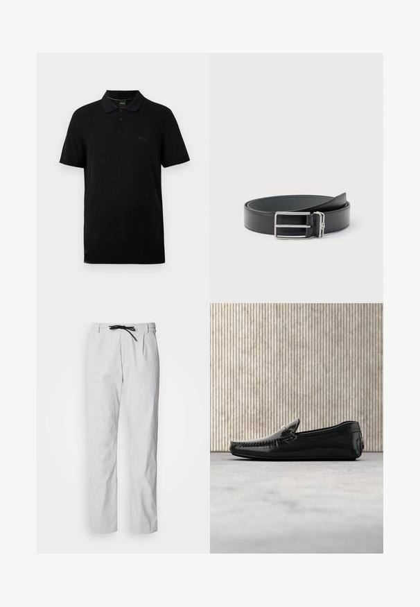 Polo noir à manches courtes avec patte de boutonnage, logo "BOSS" discret sur la poitrine et doublure du col avec accents verts.; Pantalon fuselé en mélange de coton gris clair avec une taille à cordon de serrage. Dispose de plis à l'avant et de poches latérales pour plus de praticité.; Mocassins en cuir noir avec une finition brillante, bout rond et quincaillerie décorative à l'avant. Semelle en caoutchouc à profil bas. Texture lisse.; Ceinture en cuir noir avec une boucle rectangulaire argentée et une petite boucle argentée attachée, enroulée sur un fond blanc.