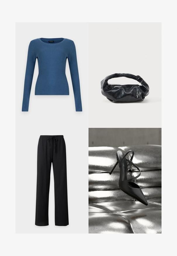 Haut ajusté à manches longues bleu côtelé avec un col rond sur un fond blanc uni.; Pantalon large noir avec texture, taille élastique et cordon à nouer à l'avant, présenté sur un fond uni.; Escarpin noir à bout pointu et talon stiletto avec brides croisées reposant sur une surface en cuir argenté capitonné et brillant.; Sac noir en matériau texturé et brillant avec une poignée circulaire torsadée et une fermeture éclair. Présente un design doux et froissé.