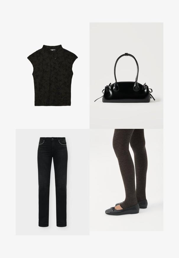 Blouse noire sans manches avec col mandarin, patte de boutonnage diagonale et motif floral subtil.; Jean noir slim fit avec détails cloutés sur les poches avant et style classique à cinq poches.; Jambes portant des leggings côtelés foncés associés à des ballerines noires avec de petits détails en nœud sur fond blanc.; Petit sac à main noir brillant avec deux longues anses et des détails à cordon sur les côtés sur un fond clair uni.