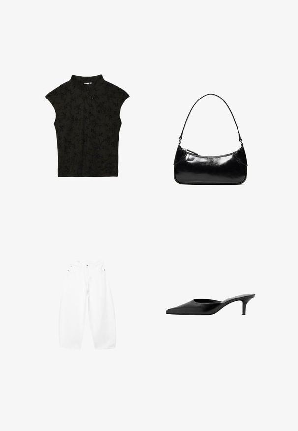 Blouse noire sans manches avec col mandarin, patte de boutonnage diagonale et motif floral subtil.; Jean en denim blanc coupe ample avec fermeture par bouton et zip, passants de ceinture et poches avant, présenté sur un fond uni.; Mule en cuir noir à bout pointu, avec un petit talon fin et un design sans contrefort pour enfiler facilement.; Sac à épaule en cuir noir brillant avec un seul compartiment zippé et une fine bandoulière arquée.