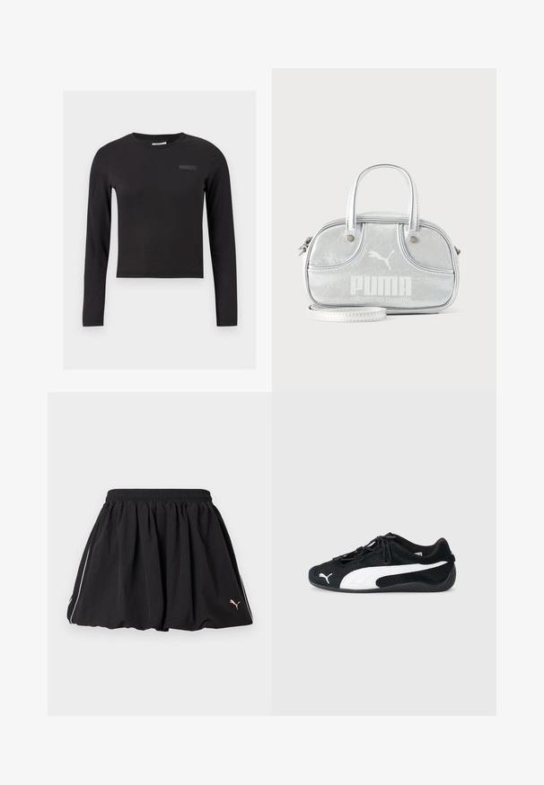 Μαύρο μακρυμάνικο crop top κατασκευασμένο από ελαστικό ύφασμα, με στρογγυλή λαιμόκοψη και μικρό λογότυπο τυπωμένο στο στήθος.; Μαύρη κοντή αθλητική φούστα με ελαστική μέση, λευκή ρίγα στο πλάι και μικρό λογότυπο Puma στο κάτω δεξιό μέρος.; Μαύρα αθλητικά παπούτσια με υλικό από διχτυωτό και σουέντ, με λευκό λογότυπο Puma, ελαστικά κορδόνια και υφή από καουτσούκ στην σόλα.; Μικρή μεταλλική ασημί τσάντα Puma με δύο χειρολαβές, μακρύ λουρί, λογότυπο μπροστά και κλείσιμο με φερμουάρ σε απλό ανοιχτόχρωμο φόντο.