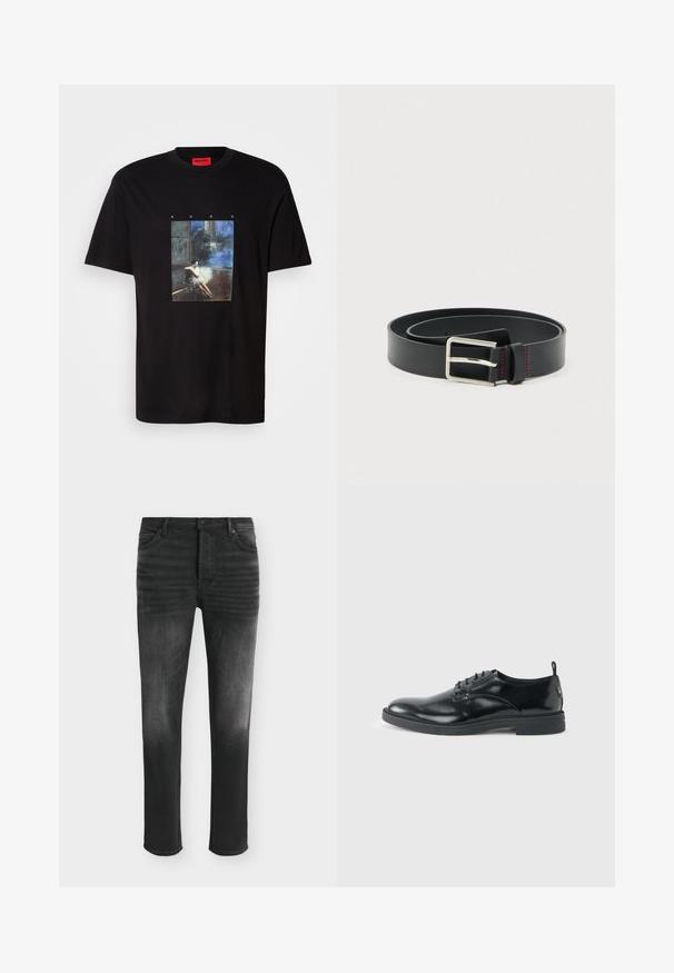 Zwarte Hugo-t-shirt met een graphic van een vrouw die op de vloer zit in een donkere kamer met een blauwachtige achtergrond, en de tekst "HUGO" erboven.; Zwarte skinny-fit jeans met vervaagde details, vijfzakkenstijl en knoopsluiting in de taille.; Glanzende zwarte lederen nette schoen met lage hak, vetersluiting en ronde neus, van opzij getoond tegen een effen lichte achtergrond.; Zwarte leren riem plat opgerold met een zilverkleurige rechthoekige gesp en rode stiksels nabij de riemlus, op een witte achtergrond.