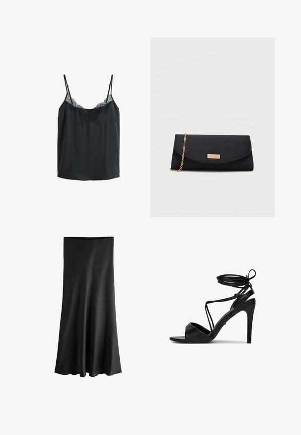 Camisole noire sans manches avec bretelles ajustables et bordure en dentelle le long de l'encolure et du haut de la poitrine.; Jupe noire, longueur genou, avec un tissu lisse et fluide. Présente une coupe droite à la taille et un ourlet évasé pour une silhouette fluide.; Sandale noire à talon haut avec bout ouvert, fines lanières traversant le pied et liens à nouer autour de la cheville.; Pochette noire avec une chaîne dorée et une petite plaque rectangulaire dorée sur le rabat avant.