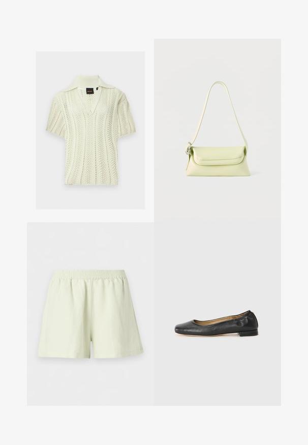 Haut en maille crème à manches courtes avec col en V et col pointu, présentant un motif ajouré texturé et une étiquette de marque BOSS à l'intérieur.; Shorts à taille élastique beige clair, coupe ample et design uni, présentés sur fond blanc.; Ballerines en cuir noir avec un bout arrondi et des coutures minimales. Talon bas et rectangulaire avec une texture lisse. Détails subtils de doublure intérieure.; Sac à main en cuir vert clair avec une seule bandoulière et une fermeture à rabat, présenté sur un fond blanc.