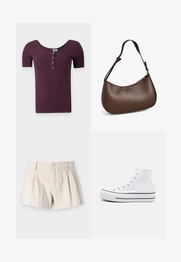 Camisa henley de color ciruela morado, de manga corta y canalé, con escote redondeado y cuatro botones de presión plateados en la tapeta delantera.; Pantalones cortos de lino en un color beige claro, con un diseño plisado, cierre frontal de botón y un acabado suave y texturizado.; Zapatillas altas blancas de material de lienzo, con suela de goma negra y una franja negra en el mediopie. Punta circular y diseño de cordones.; Pequeño bolso bandolera de cuero marrón con correa ajustable y cierre de cremallera, mostrado sobre un fondo blanco. Sin logotipos ni adornos visibles.