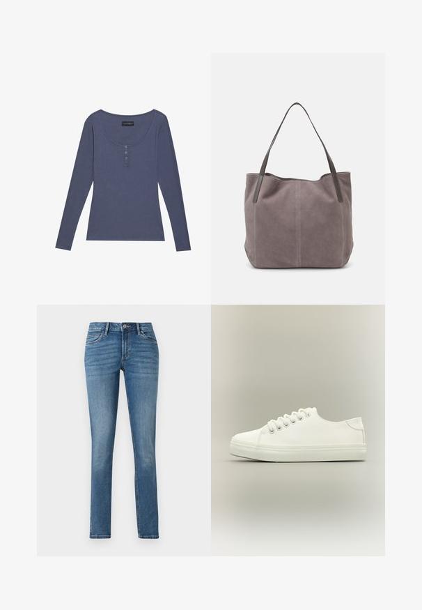 Langslachtig, geribbeld topje in donkerblauw met een ronde halslijn en een drie-knops sluiting aan de voorkant. Zachte textuur, slim fit.; TOM TAILOR TTLENE SLIM FIT - Slim fit jeans - clean mid stone blue denim; Witte lage sneaker met witte veters en rubberen zool, zijaanzicht op een neutrale achtergrond.; Grijze suède tote bag met twee donkere leren hengsels. Kenmerkt zich door gestikte details aan de zijkanten, een zachte textuur en een ruime opening.