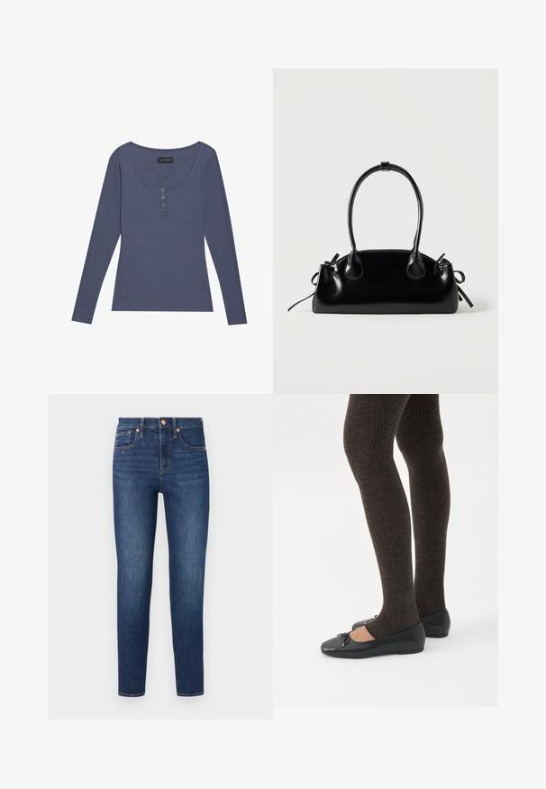 Langslachtig, geribbeld topje in donkerblauw met een ronde halslijn en een drie-knops sluiting aan de voorkant. Zachte textuur, slim fit.; GAP SKINNY HAVEL - Jeans Skinny Fit - dark wash; Benen met donkere geribbelde leggings gecombineerd met zwarte ballerina's met kleine strikdetails op een witte achtergrond.; Kleine zwarte glanzende handtas met twee lange hengsels en zijkant trekkoord details op een effen lichte achtergrond.