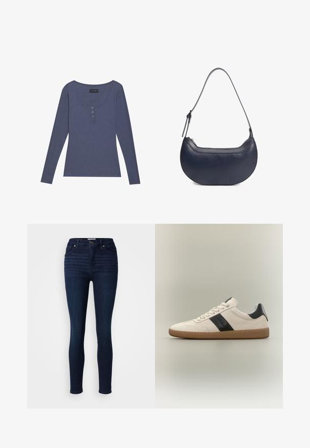 Dlhý rukáv, rebrovaný top v tmavomodrej farbe s výstrihom do V a trojbuttonovým zapínaním vpredu. Mäkká textura, úzky strih.; Good American LEGS - Džínsy skinny fit - blue; Nízkoprofilová béžová teniska s bielymi šnúrkami, čiernym bočným pruhom a pätkovým jazýčkom a hnedou gumovou podrážkou na neutrálnej pozadi.; Kožená kabelka námorníckej modrej farby tvaru polmesiaca s nastaviteľným ramenným popruhom a horným zipsom.