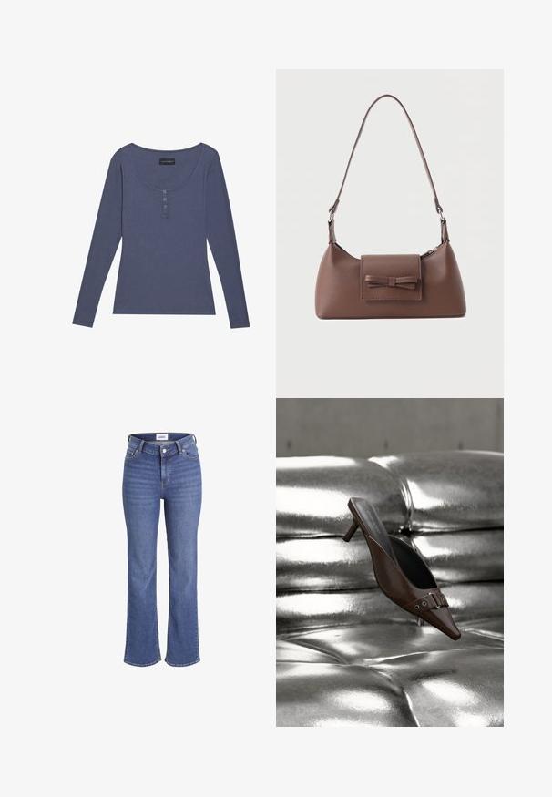 Langærmet, ribbet top i mørkeblå med rundet udskæring og tre-knaps lukning foran. Blød tekstur, tætsiddende pasform.; Mørkeblå jeans i denim med høj talje, brede ben og et traditionelt fem-lomme design. Har synlig syning og lukning med en frontknap.; Brun spids tå hæl mule med spænde detalje svævende over en skinnende sølv tuftet læderoverflade.; Brun skuldertaske i læder med en frontlomme med klap, der har en sydd sløjfedetalje, og en justerbar rem.