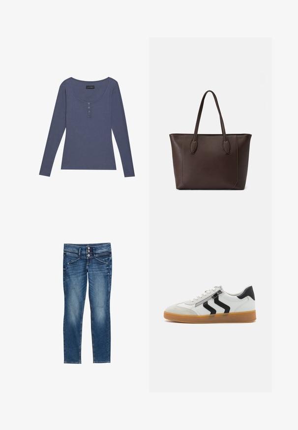Dlhý rukáv, rebrovaný top v tmavomodrej farbe s výstrihom do V a trojbuttonovým zapínaním vpredu. Mäkká textura, úzky strih.; Modré vyblednuté skinny džínsové nohavice s dvojitým zapínaním na gombíky, prednými vreckami a jemnými opotrebovanými detailmi na nohaviciach.; Biele tenisky s čiernymi akcentmi, so štruktúrovanou semišovou špičkou, bočnými zipsami a gumovou podrážkou. Klasický nízky dizajn.; Hnedá kožená taška cez rameno s dvoma hornými uchami, obdĺžnikový tvar, minimalistický dizajn a prešívanie pozdĺž okrajov.