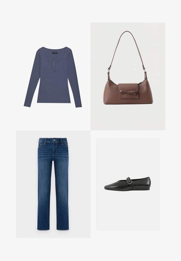 Langærmet, ribbet top i mørkeblå med rundet udskæring og tre-knaps lukning foran. Blød tekstur, tætsiddende pasform.; Blå denim jeans, lige ben design, medium vask, fem lommer, knap- og lynlåslukning, synlig syning, glat tekstur.; Sorte læder flade sko med spidse tæer, prydet med en metallisk spænde over vristen og en lav, fleksibel sål.; Brun skuldertaske i læder med en frontlomme med klap, der har en sydd sløjfedetalje, og en justerbar rem.
