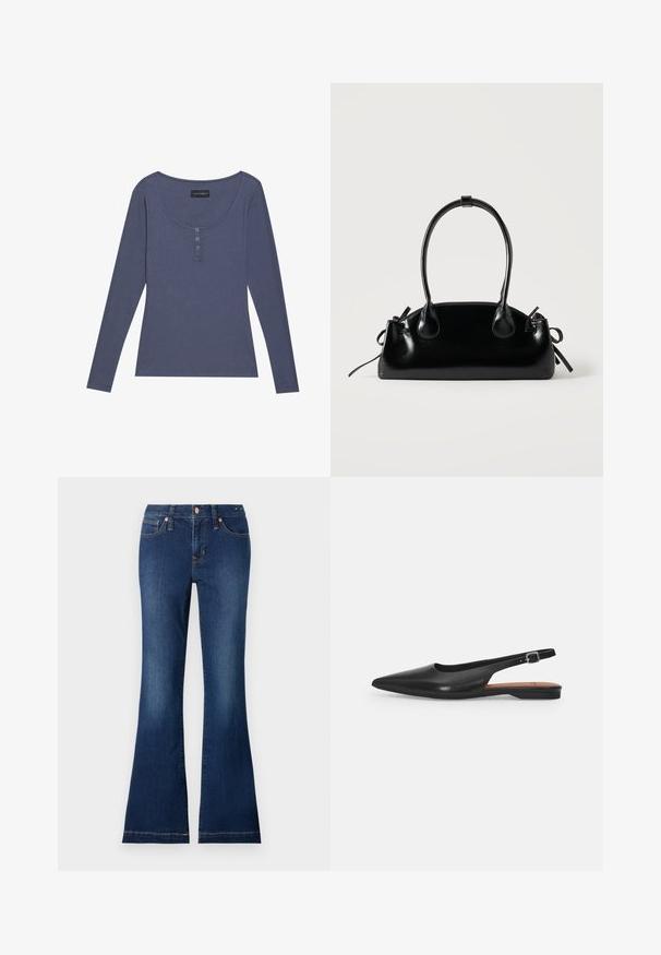 Langslachtig, geribbeld topje in donkerblauw met een ronde halslijn en een drie-knops sluiting aan de voorkant. Zachte textuur, slim fit.; Uitlopende denim jeans in donkerblauw, met voorzakken, metalen knopen en subtiele stiksels. Katoenen stof met een gladde textuur.; Zwarte leren slingback schoen met een spitse neus, subtiele glans en een verstelbare enkelband. Platte hak met een brown inlegzool.; Kleine zwarte glanzende handtas met twee lange hengsels en zijkant trekkoord details op een effen lichte achtergrond.