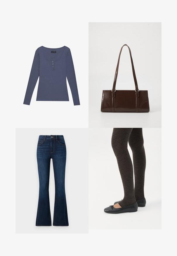 Top de manga larga con costuras en relieve en azul oscuro, con escote redondeado y una tapeta de tres botones en la parte delantera. Textura suave, ajuste ceñido.; TOM TAILOR STELLA azul oscuro; Piernas con leggings oscuros acanalados combinados con bailarinas negras que presentan pequeños detalles de lazo sobre un fondo blanco.; Bolso de mano de piel sintética marrón con forma rectangular, dos asas largas y sutiles acentos curvados en la parte delantera.