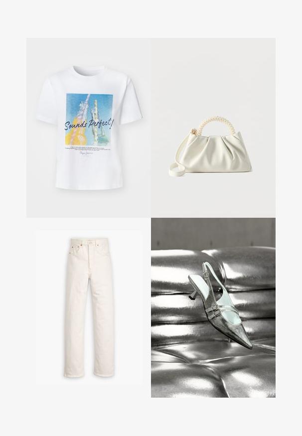 Hvid bomulds t-shirt med et farverigt grafisk motiv af to glasflasker med sugerør og teksten "Lyder Perfekt!" i fed skrift.; Hvide denim jeans med lige ben, fem-lommestil og kobberdetaljer. Rå kantfinish ved anklerne.; Sølv høje hæle slingback sko med to spænder, hvilende på en skinnende, tuftet sølv læderoverflade.; Lille hvid håndtaske med ruched krop, rundt håndtag pyntet med perler og aftagelig skulderrem på en ensfarvet baggrund.