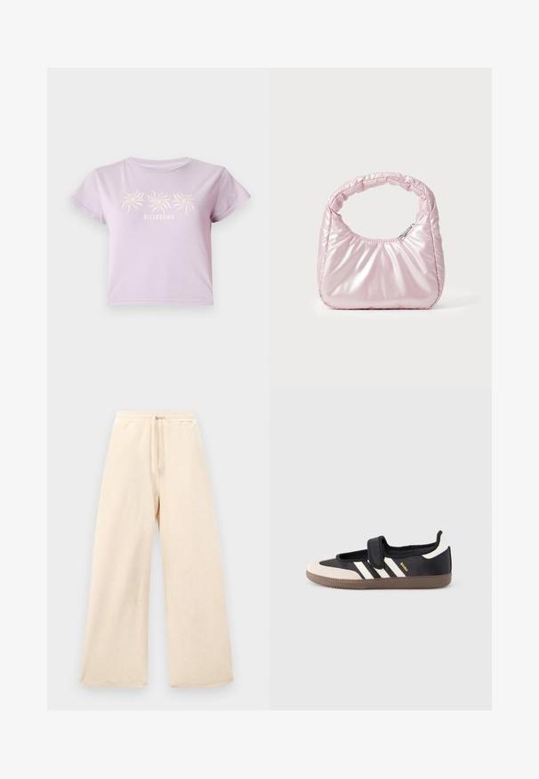 Lila katoenen T-shirt met korte mouwen, met een grafische afdruk van drie spiralen boven de tekst "BILLABONG" in een lichtere tint.; Wijdvallende broek in een lichtbeige kleur, gemaakt van een textuurstof. Beschikt over een elastische tailleband met een trekkoord. Eenvoudig, ongecompliceerd ontwerp.; Zwart-beige sneaker met een klittenbandsluiting, drie witte strepen aan de zijkant en een getextureerde bruine rubberen zool. Merkembleem zichtbaar.; Roze, gevoerde handtas met een afgeronde vorm, gemaakt van glanzend materiaal. Beschikt over een geplooide handgreep en een ritssluiting voor veilige toegang.