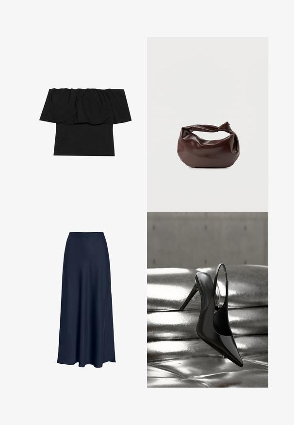 Sort off-shoulder top med foldet stof ved halsudskæringen, en tætsiddende tekstur ved kroppen og korte ærmer. Blødt, glat materiale.; Marineblå satin maxiskirt med en glat tekstur, høj talje og flydende silhuet. Slutter med en let kurve ved kanten.; Blank sort højhælet slingback-sko balanceret på en blank sølvfarvet metallisk polstret overflade med glat tekstur.; Mørkebrun læder skuldertaske med en blød, afslappet form og et snoet knudehåndtag på en ensartet hvid baggrund.