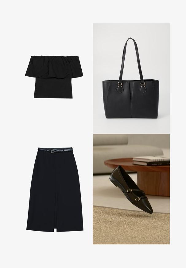 Sort off-shoulder top med foldet stof ved halsudskæringen, en tætsiddende tekstur ved kroppen og korte ærmer. Blødt, glat materiale.; Sort knælang nederdel med en foran slids, lavet af glat stof. Har et tyndt sort bælte med en sølvfarvet spænde og bæltestropper.; Sort flad sko med spids snude og to tynde remme med spænder, der svæver over et beige tæppe, med et bord i træ og bøger i baggrunden.; Sort faux læder tote taske med en tekstureret finish, to lange håndtag og hardware i guld tone-accenter på siden. Rektangulær form.