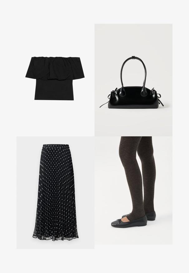 Sort off-shoulder top med foldet stof ved halsudskæringen, en tætsiddende tekstur ved kroppen og korte ærmer. Blødt, glat materiale.; Sort plisseret nederdel med hvide polkaprikker, har elastik i taljen og et flydende design, lavet af letvægtsstof.; Ben iført mørke ribbede leggings kombineret med sorte balletsko med små sløjfedetaljer på hvid baggrund.; Lille sort blank håndtaske med to lange håndtag og snøre-detaljer i siden på en ensfarvet lys baggrund.