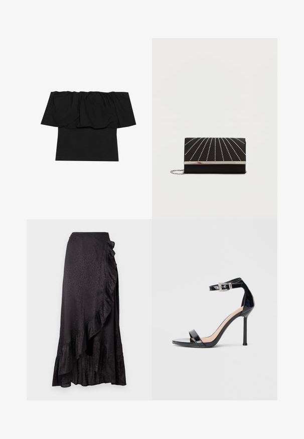 Sort off-shoulder top med foldet stof ved halsudskæringen, en tætsiddende tekstur ved kroppen og korte ærmer. Blødt, glat materiale.; Sort satin nederdel med en ruffled kant og sidelægnedetaljer. Tekstureret leopardmønster tilføjer visuel interesse. Lang, luftig silhuet.; Sort højhælet sandal i laklæder med ankelrem. Har minimalistisk design, åben tå og spænde med rhinsten-detaljer.; Sort clutch taske med en glat tekstur, der har sølvspidse linjer, der stråler ud fra midten, med en metalisk sølvklips og kædetras.