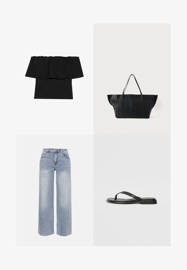 Sort off-shoulder top med foldet stof ved halsudskæringen, en tætsiddende tekstur ved kroppen og korte ærmer. Blødt, glat materiale.; Lyseblå vidbenede cowboybukser med forlommer, bæltestropper, knaplukning og falmet detaljering på lår og knæ.; Sorte flip-flops lavet af glat læder, med et tyndt remdesign og en flad sål med et minimalt profil. Ingen bemærkelsesværdige mønstre eller accenter.; Sort tote-taske med lodret plisseret tekstur og to tynde håndtag på en ensartet lys baggrund.