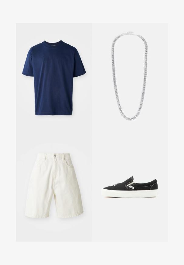 T-shirt en coton bleu marine avec un col rond, des manches courtes et un logo en relief subtil sur la poitrine. Design simple et plat, texture douce.; Shorts en denim blanc avec une coupe décontractée, dotés d'une taille, de cinq poches et de jambes droites. Le tissu a une légère texture.; Baskets à enfiler Vans noires avec semelle en caoutchouc blanche, coutures blanches et accents élastiques sur les côtés, vues de l'extérieur.; Collier en chaîne en métal argenté avec des maillons entrelacés, une texture lisse et un fermoir réglable pour personnaliser la longueur.
