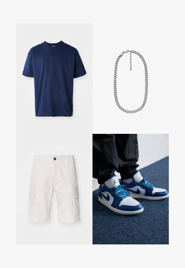 T-shirt en coton bleu marine avec un col rond, des manches courtes et un logo en relief subtil sur la poitrine. Design simple et plat, texture douce.; Shorts cargo beiges en tissu léger, dotés de deux poches latérales, d'une fermeture à bouton et d'une coupe décontractée. Texture lisse avec un motif subtil.; Les baskets Nike Air Jordan présentent une base en cuir blanc avec des accents en synthétique bleu, une boîte à orteils perforée et des lacets bleus.; Collier chaîne curb ton argent avec fermoir mousqueton et chaîne d'extension réglable sur fond blanc.