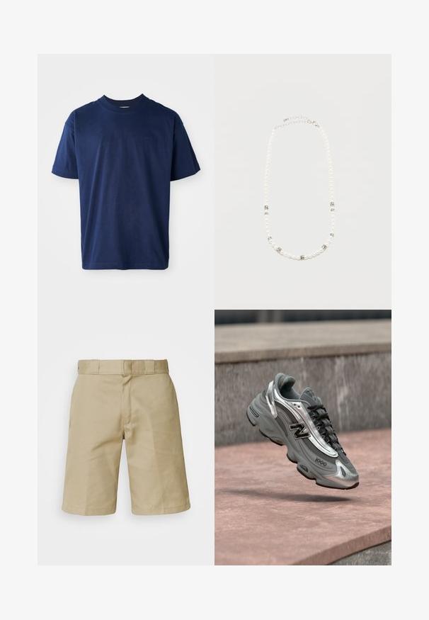 Marineblå bomulds T-shirt med rund hals, korte ærmer og et diskret præglogo på brystet. Enkel flad design, blød tekstur.; Khaki shorts med flad frontdesign, syet talje med bæltesløjfer og to sidelommer. Fremstillet af letvægtsstof.; Grå og sølvfarvet New Balance-sneaker mærket "1000", der svæver over en rosafarvet stenet overflade med en grå stenvæg i baggrunden.; Hvid perlehalskæde med sølvfarvede rhinsten-afstandsstykker og en sølvfarvet kædelås, vist mod en ensartet lys baggrund.