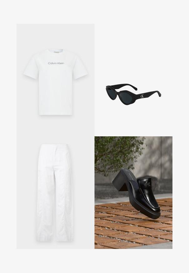T-shirt en coton blanc avec col rond et manches courtes. Il affiche le texte "Calvin Klein" en gris sur la poitrine.; Pantalons larges blancs en tissu léger, présentant une texture lisse, des lignes épurées et une taille haute.; Mule slip-on en cuir noir Calvin Klein avec talon bloc reposant sur des carreaux en bois à l'extérieur près d'une plante verte et d'un mur gris.; Lunettes de soleil cat-eye noires avec une finition brillante, des verres sombres et un logo "cK" sur la branche. Design angulaire et montures épaisses.