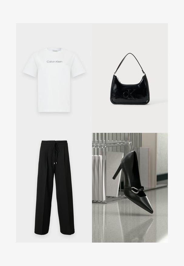 T-shirt en coton blanc avec col rond et manches courtes. Il affiche le texte "Calvin Klein" en gris sur la poitrine.; Pantalon noir à jambes larges avec taille à cordon, présentant des plis et une texture douce. Le design met l'accent sur le confort et une coupe ample.; Chaussure à talon haut noire pointue avec une bride à boucle argentée, placée sur une surface réfléchissante près d’un organiseur métallique contenant des papiers.; Sac à main en cuir verni noir avec une anse incurvée, fermeture éclair et logo "cK" embossé sur le devant. Texture lisse, forme structurée.