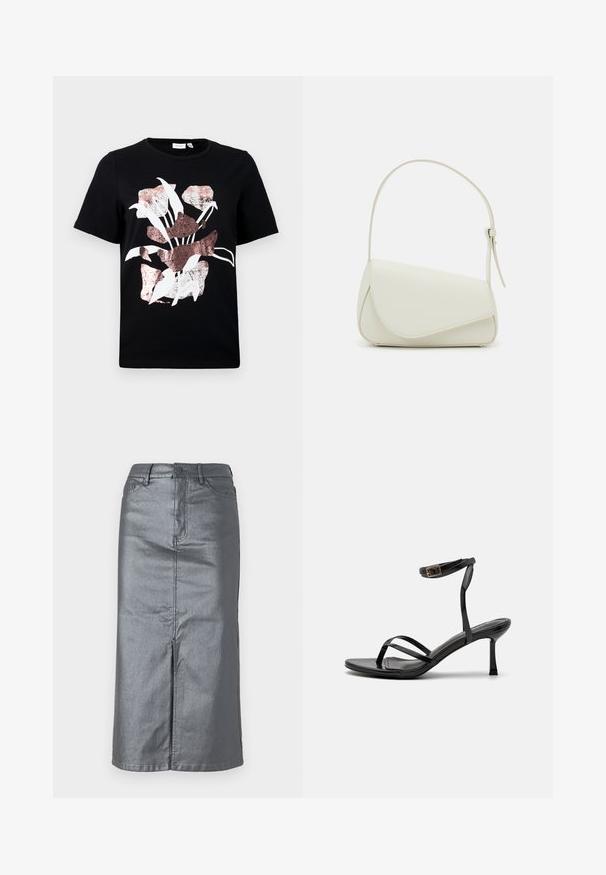 Schwarzes Kurzarm-T-Shirt mit einem floralen Design in Weiß und Roségold. Weicher Stoff mit Rundhalsausschnitt und normaler Passform.; Metallisch grauer Jeansrock mit gerader Form, vorderem Schlitz, fünf Taschen-Design und einem Knopfverschluss an der Taille. Flache Nähte sind sichtbar.; Schwarze High-Heels-Sandalen mit einem schmalen Riemendesign, glatter Textur, Knöchelverschluss und einer spitzen Fußspitze. Verstellbares Knöchelriemchen.; Weiße Kunstleder-Handtasche mit einer strukturierten dreieckigen Form, einem verstellbaren Einzelgurt und einem Klappenverschluss mit geschwungenen Akzenten.