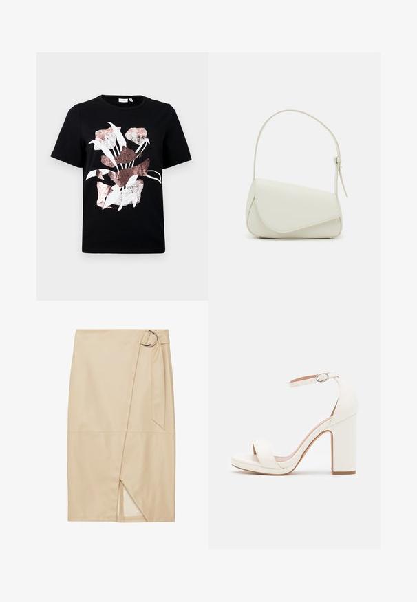 Camiseta negra de manga corta con un diseño floral en blanco y oro rosa. Tejido suave con un escote redondo y un corte regular.; Zign STUDIO by Zalando Falda cruzada - off-white; Sandalias de tacón alto blancas con correa en el tobillo, diseño minimalista, punta abierta, tacón cuadrado y textura de cuero suave.; Bolso de mano de imitación cuero blanco con una forma triangular estructurada, correa ajustable única y cierre con solapa acentuada en curva.