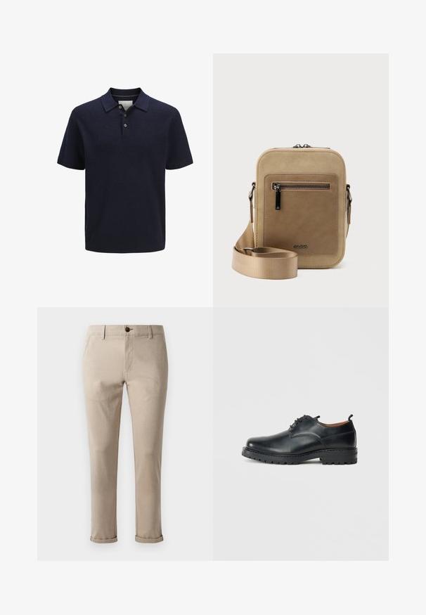 Tumesinine lühikeste varrukatega kudumispolo särk tekstuurse mustriga, kolme nupuga sulguriga ning soonikkoega kaeluse ja äärega.; Jack & Jones JPSTMARCO FURY NOOS - Chino-püksid - atmosphere; Mustad nahast derby kingad, millel on sile tekstuur, ümar varvas, nööpidega sulgemine ja paks, tugev kummist tald.; Väike beež värvi õlakott ees oleva tõmblukuga tasku, metallist ALDO logo, reguleeritav lai rihm ja ümarate nurkadega ristkülikukujuline kuju valgel taustal.