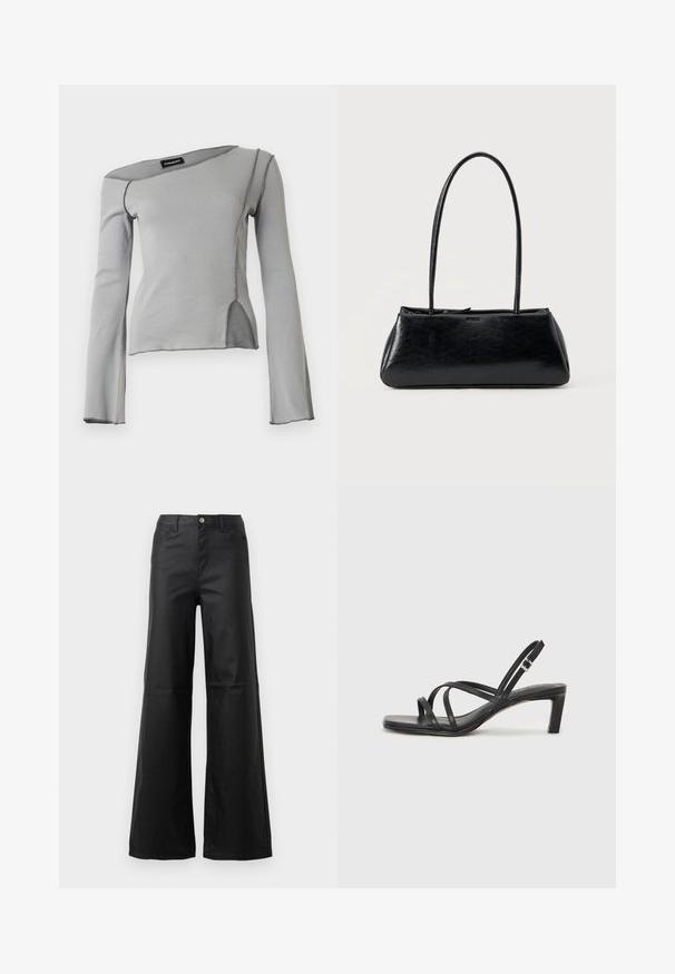 Haut à manches longues gris clair avec un col asymétrique, des coutures apparentes et une fente latérale à l'avant.; Jean noir à jambe large en denim lisse, avec une fermeture à bouton, des poches avant et une taille haute.; Sandale noire à lanières avec un bout carré et un petit talon bloc. Elle présente plusieurs fines lanières et une sangle de cheville ajustable. Fabriquée en cuir lisse.; Sac à épaule rectangulaire noir avec de longues bretelles fines et une texture lisse et brillante sur un fond uni.